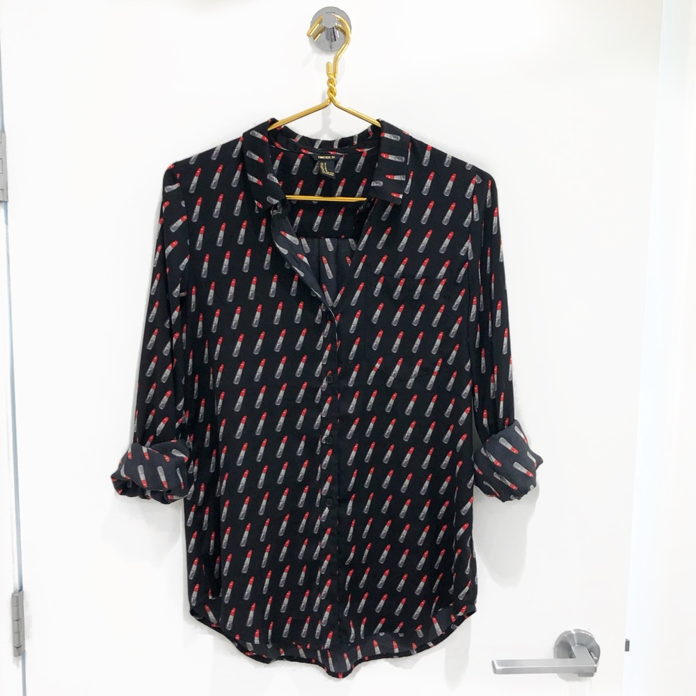 Forever21 Blue Button Down Top w/ Lipstick pattern